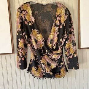 Vintage Y2K Stretchy Black Floral Bead Trim Top
